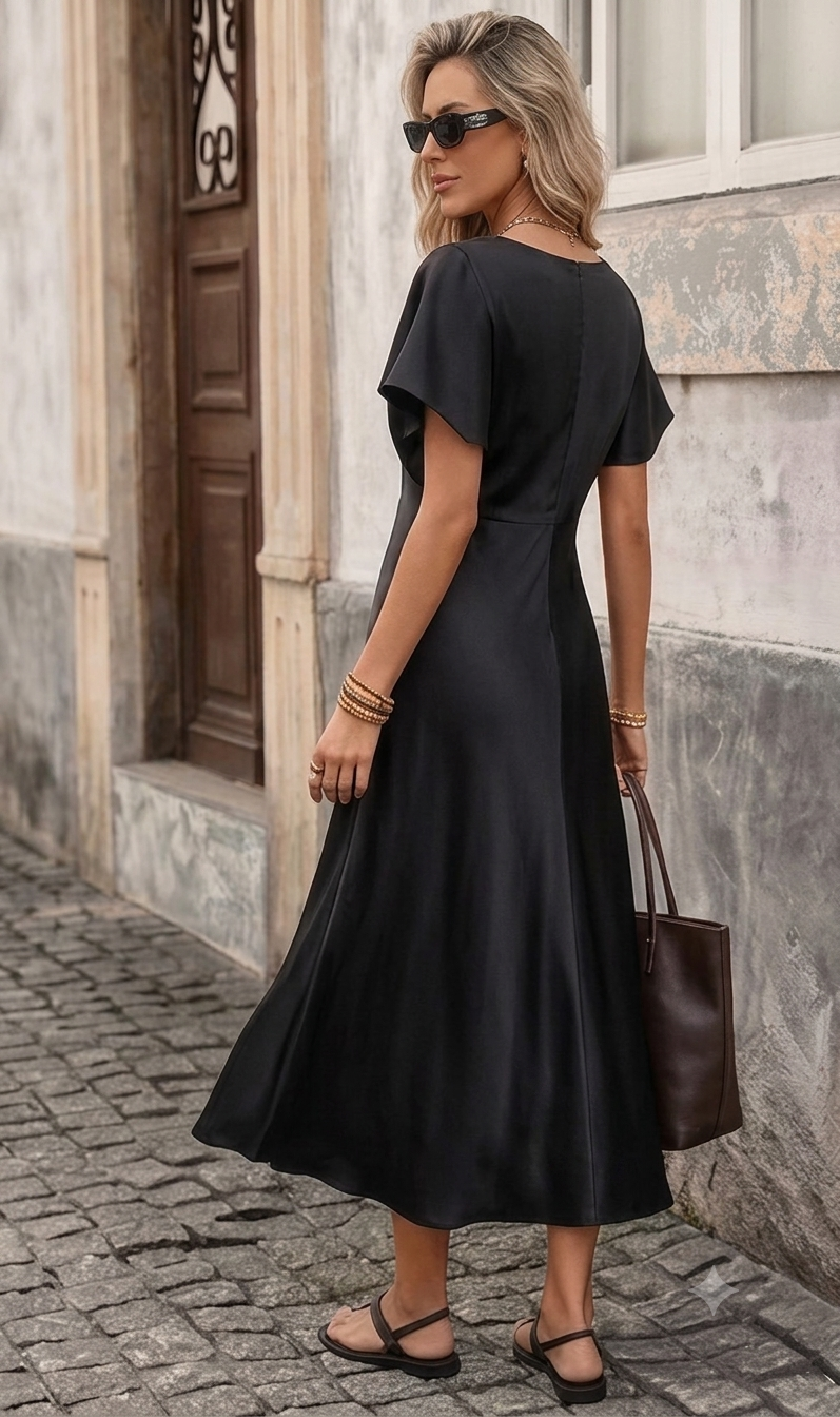 Elegantea Noir – czarna sukienka maxi z dekoltem V